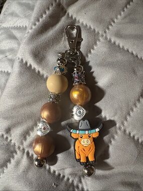 Cowboy Bull Charm Keychain with Gold Beads
